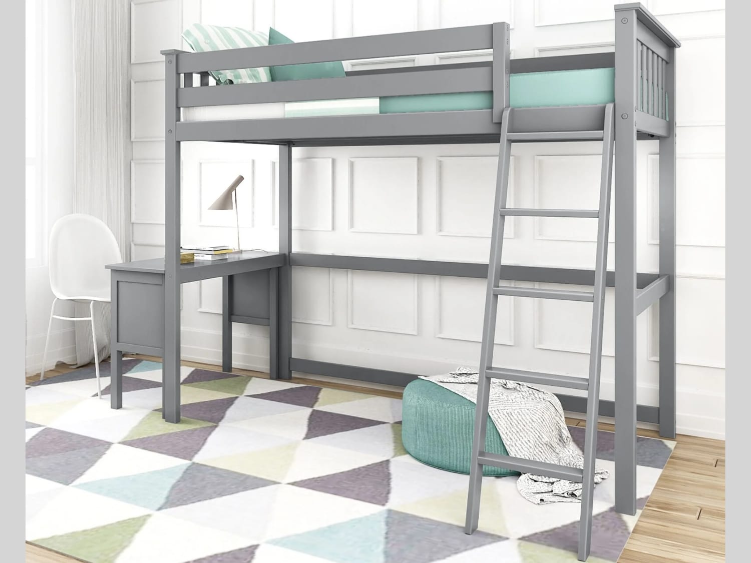Classic Twin Size Loft Bed with desk in gray finish.
