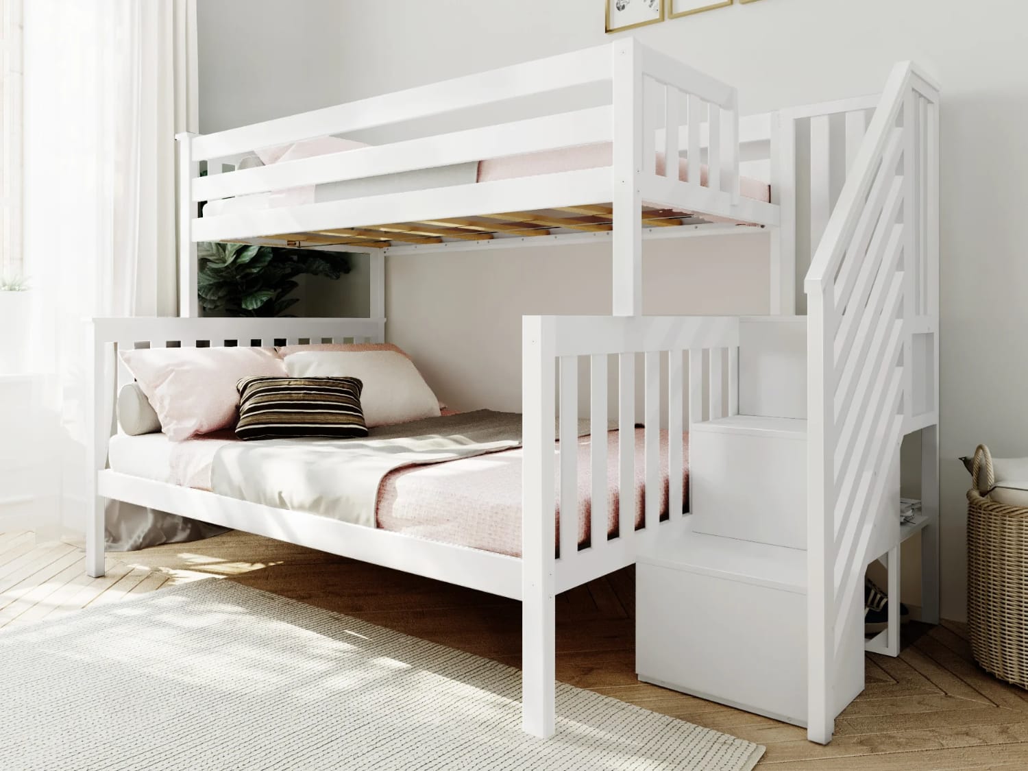 Classic Twin Over Full Bunk Bed with staircase in white finish.