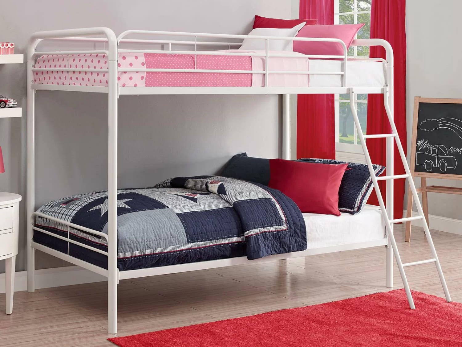 Daury Metal Twin Over Twin Bunk Bed in white finish.