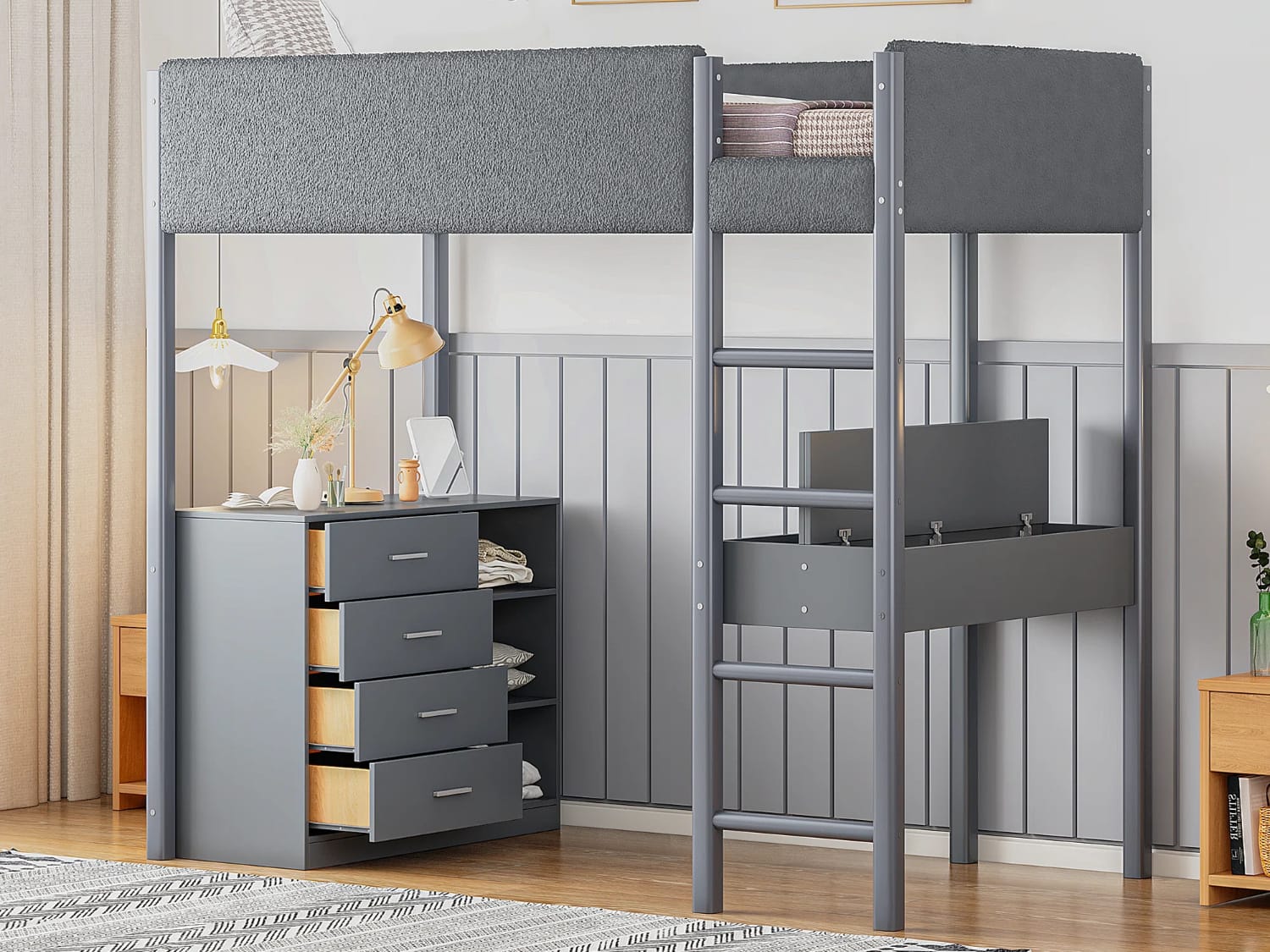 Twin Size Teddy Fleece Loft Bed with storage drawers and desk in gray finish.