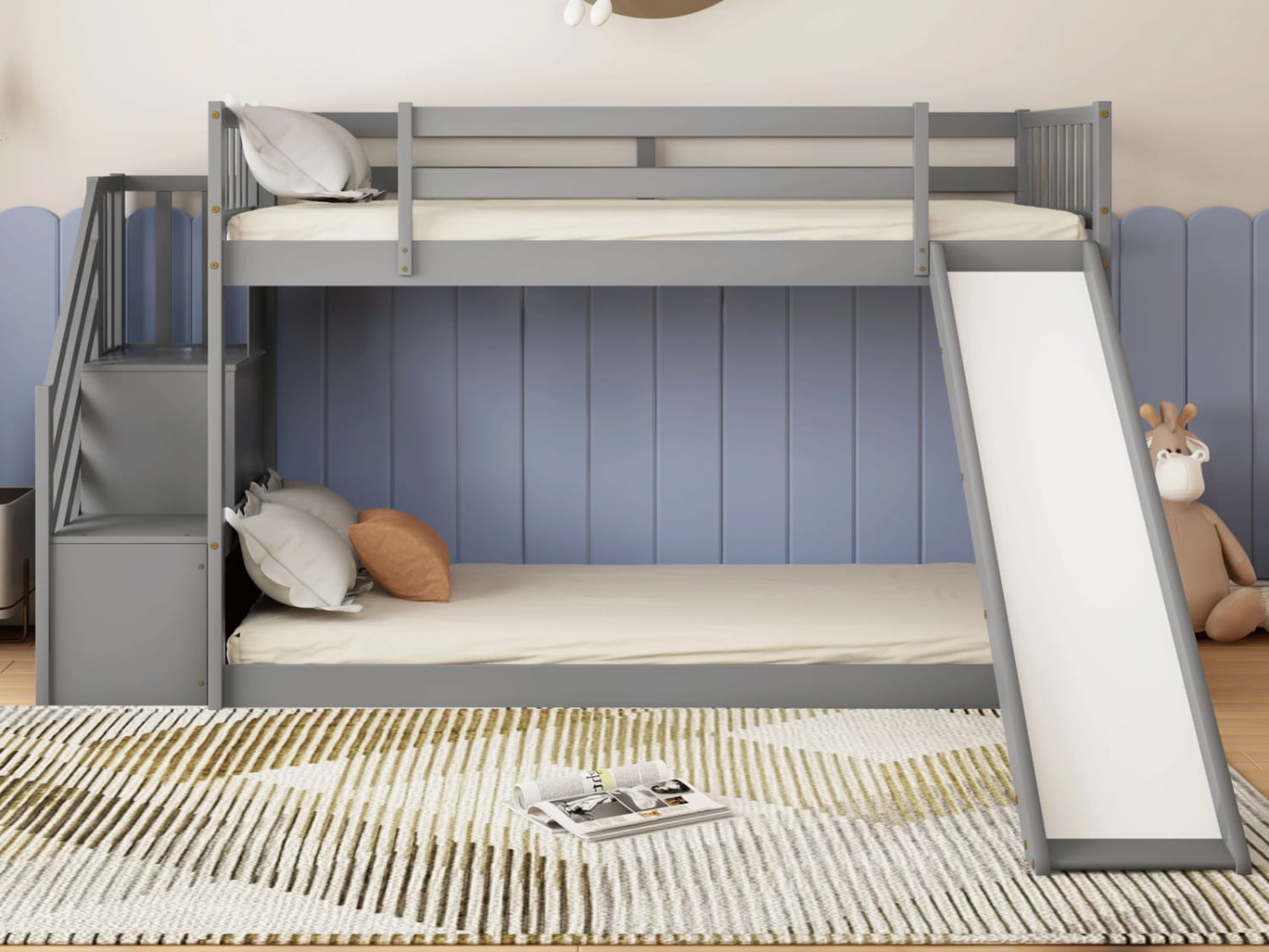 Fulviah Low Twin Over Twin Bunk Bed with staircase and slide in gray finish.