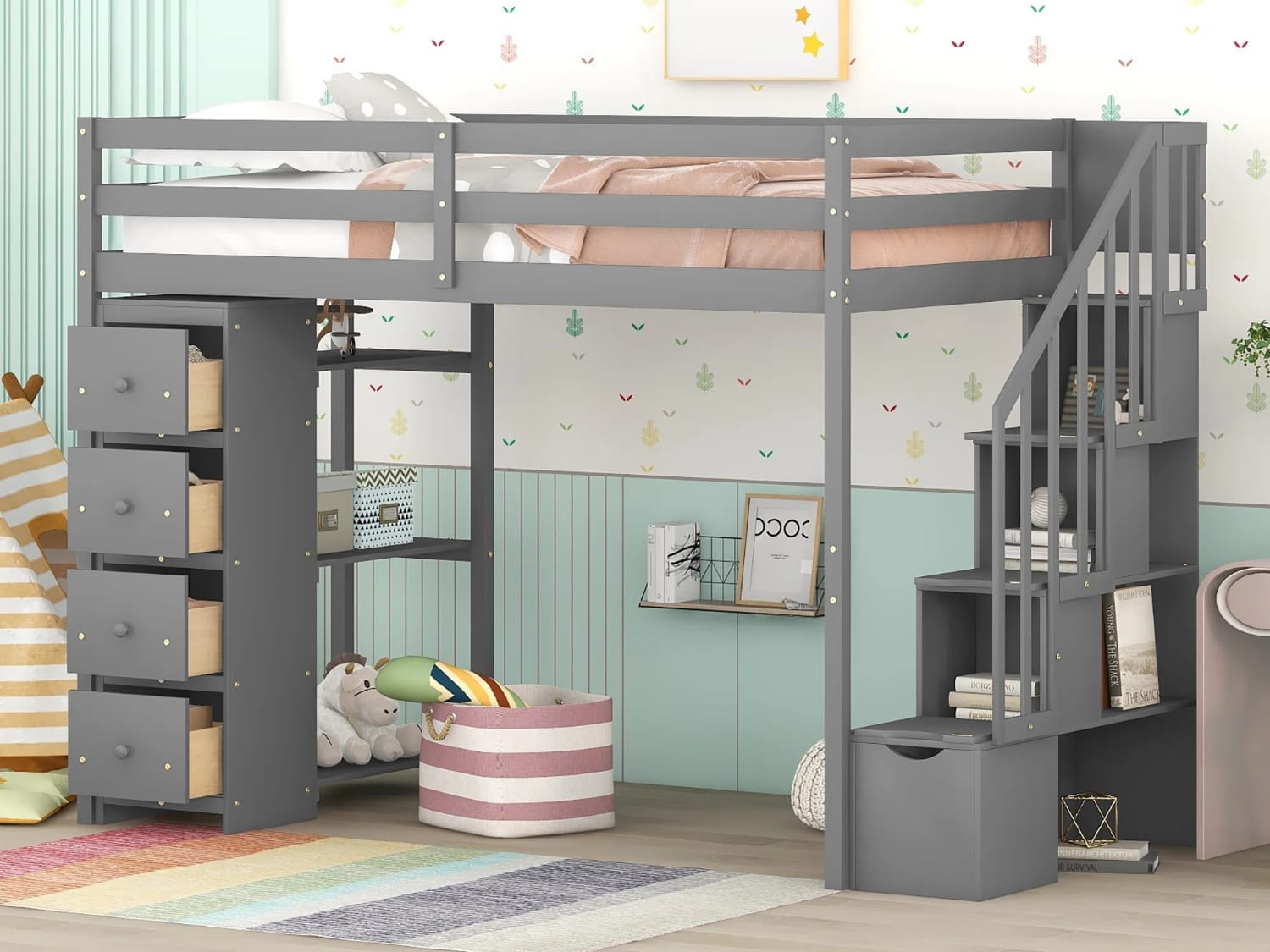 Gerta Twin Size Loft Bed with storage drawers, staircase and desk in gray finish.