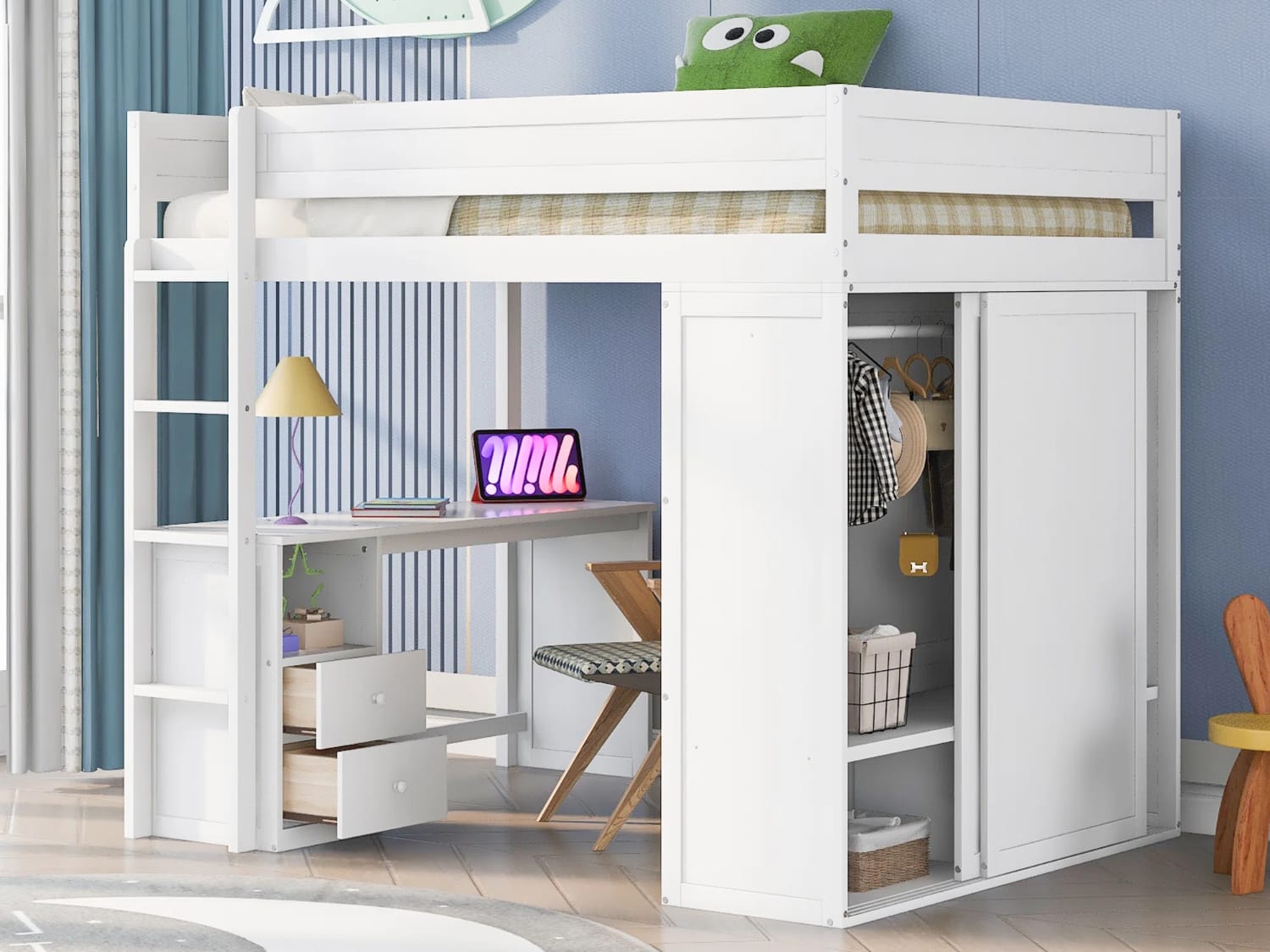 Gladina Full Size Loft Bed with wardrobe and desk in white finish.