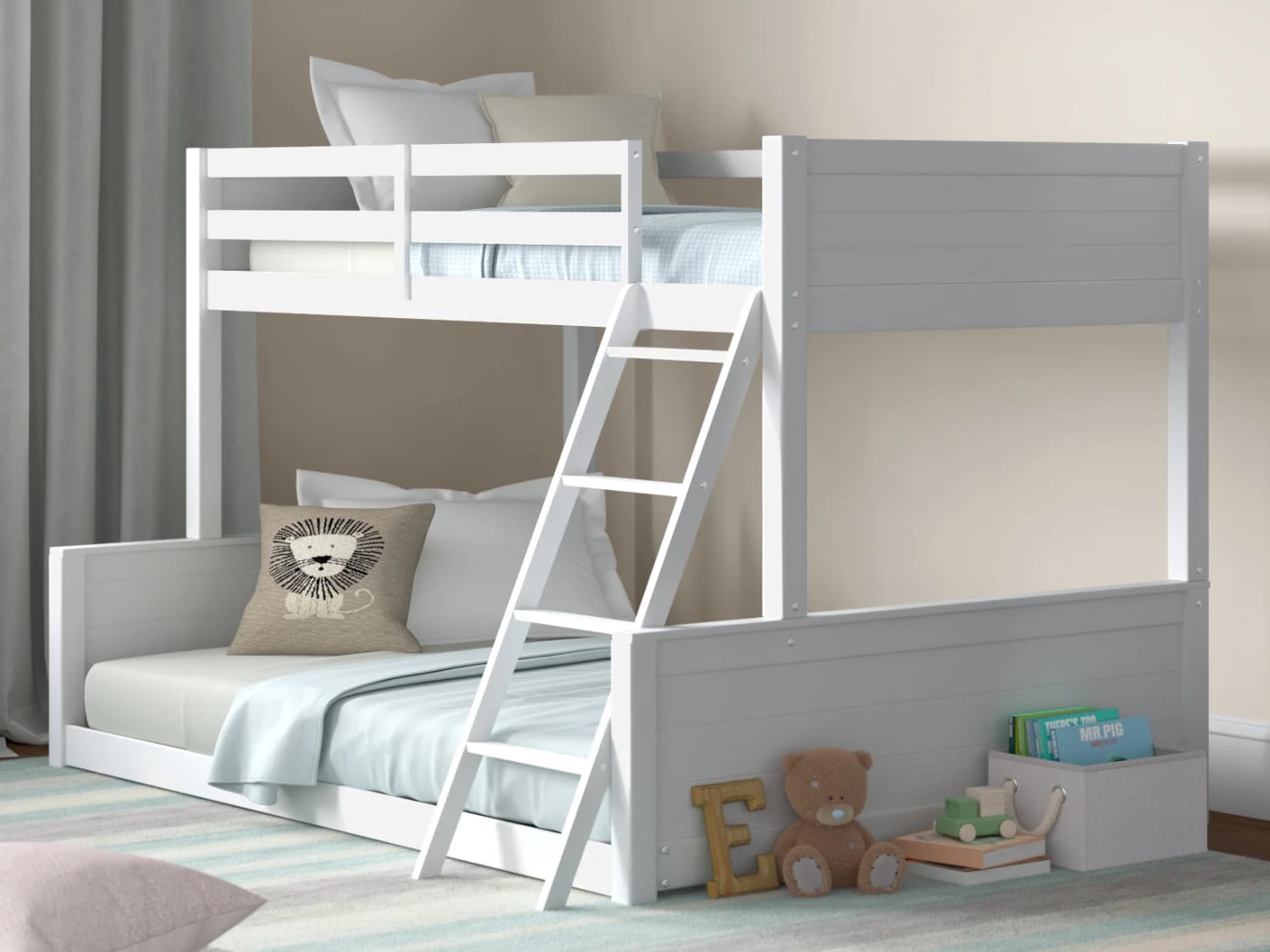 Korbin Low Height Twin Over Full Bunk Bed in white finish.