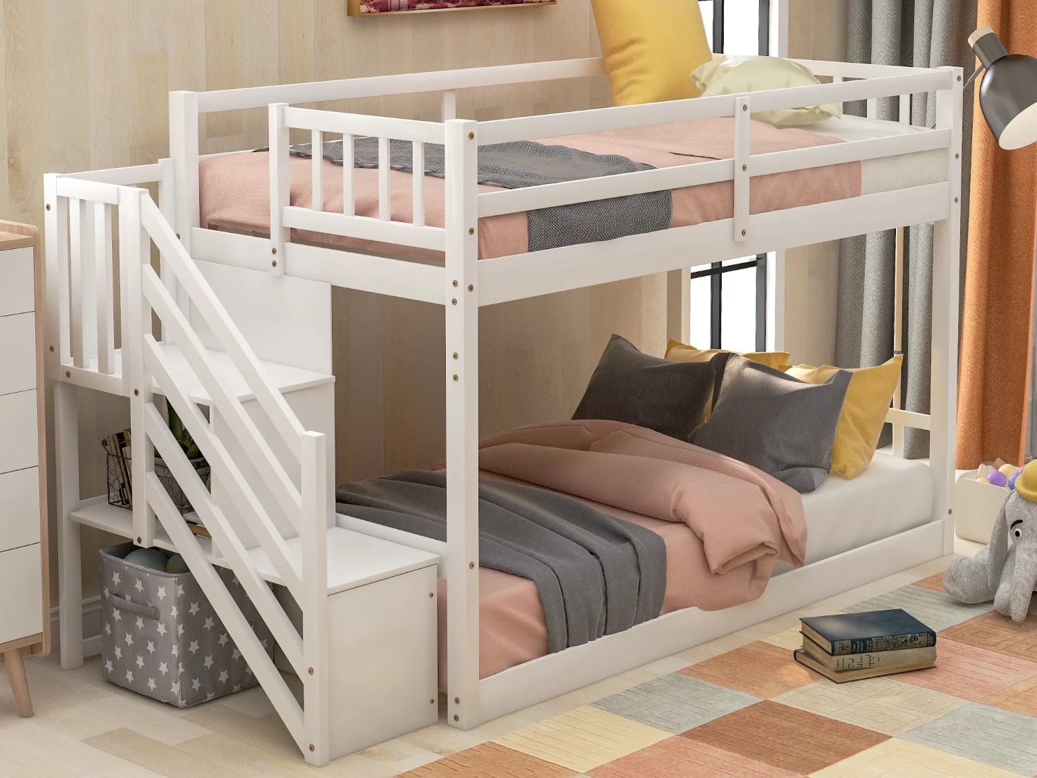 Pols Twin Over Twin Low Bunk Bed with staircase in white finish.