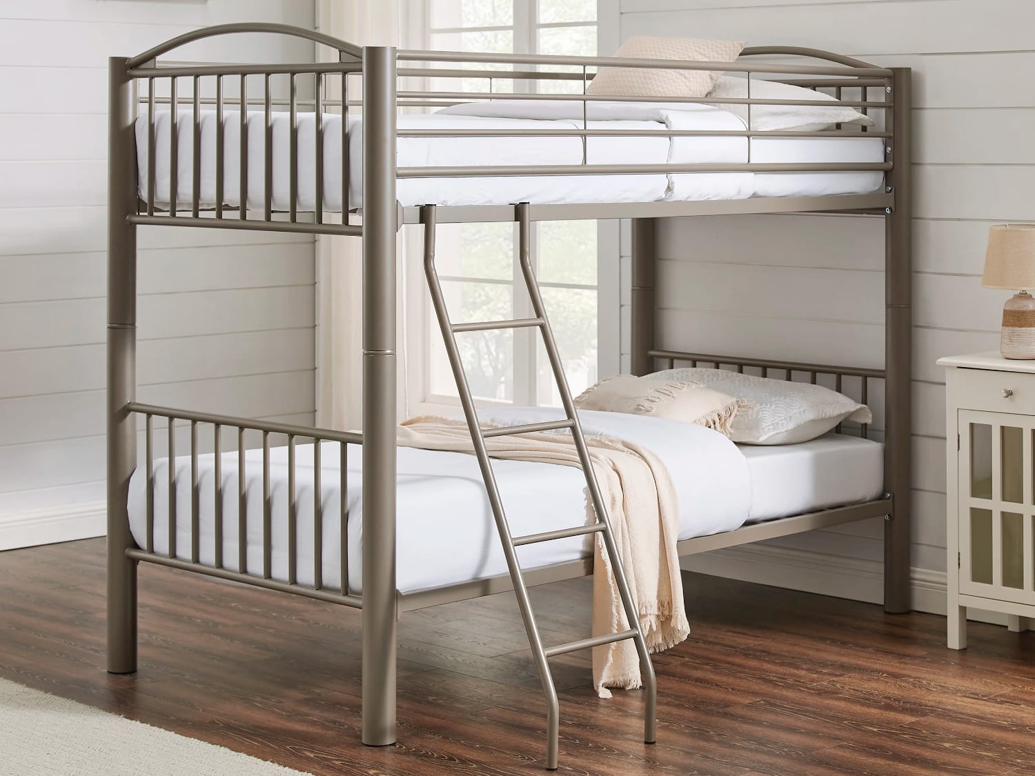 Powell Twin Over Twin Heavy Duty Metal Bunk Bed for boys in pewter finish.