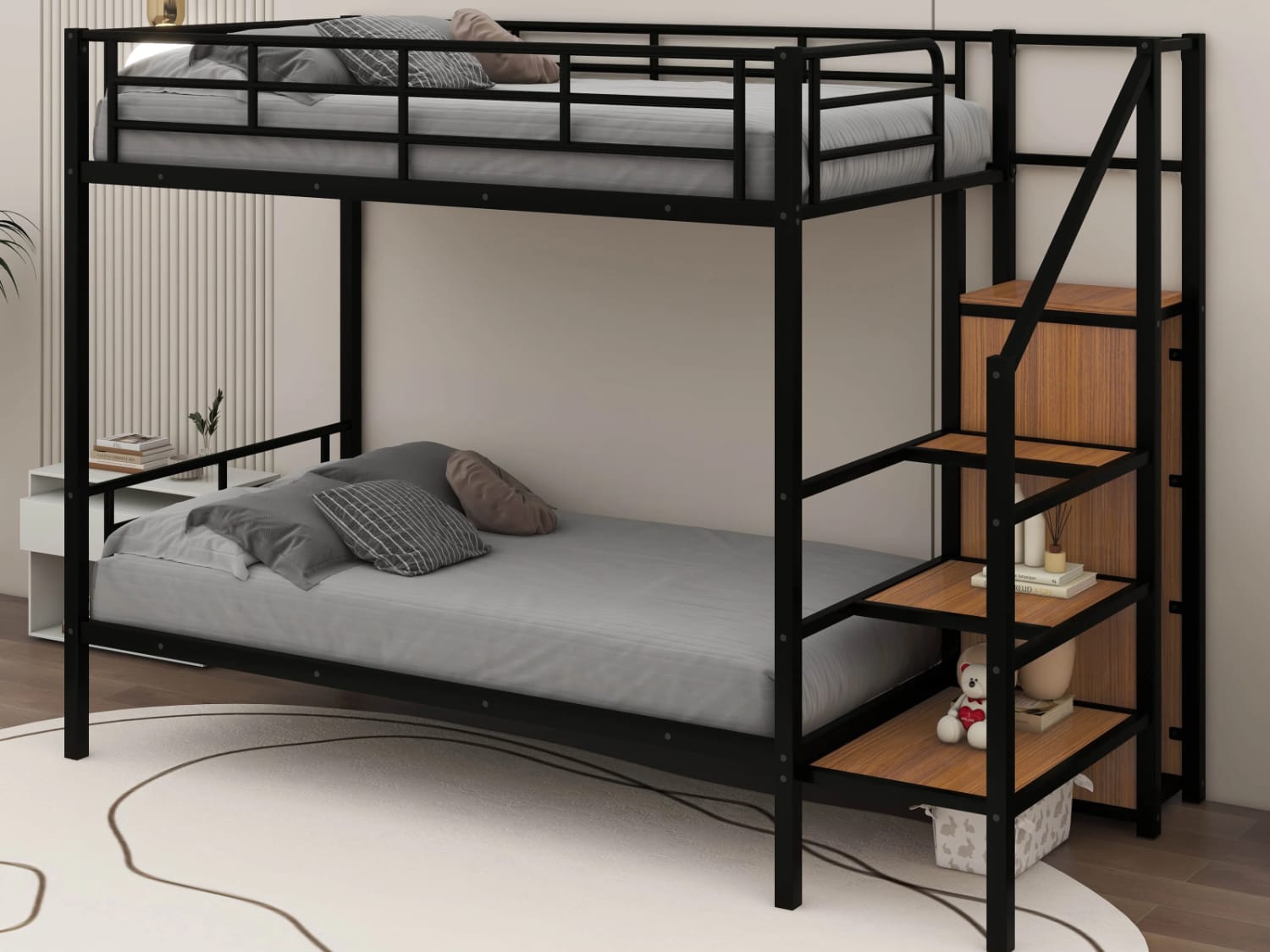 Reva Metal Twin Over Twin Bunk Bed with staircase in black finish.