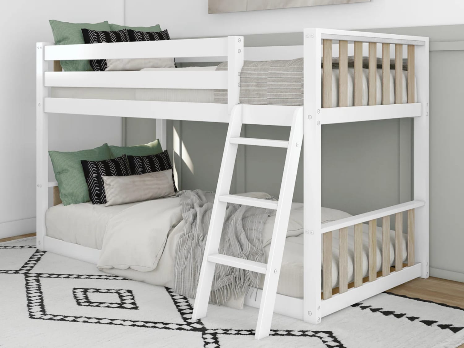 Scandinavian Low Height Bunk Bed in white and blonde finish.