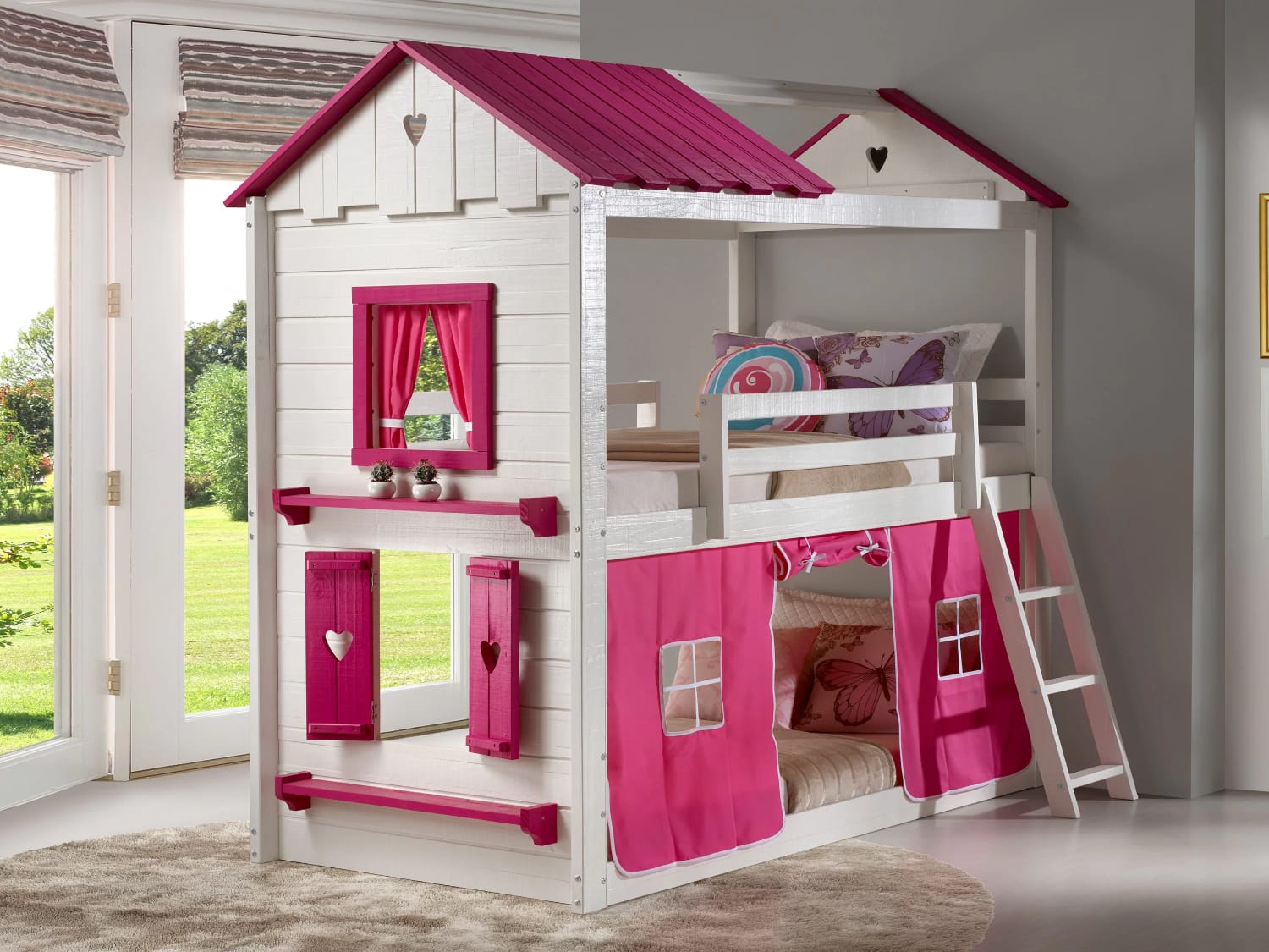 Schoonmaker Low House Bunk Bed for girls in white and pink.