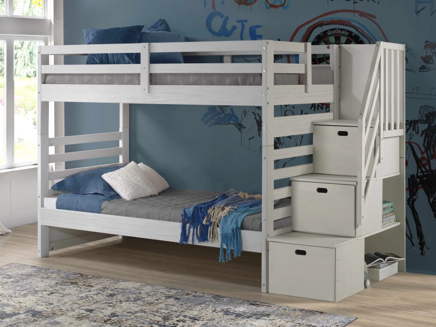 Ahmia Twin Over Twin Bunk Bed with staircase in white mist finish.