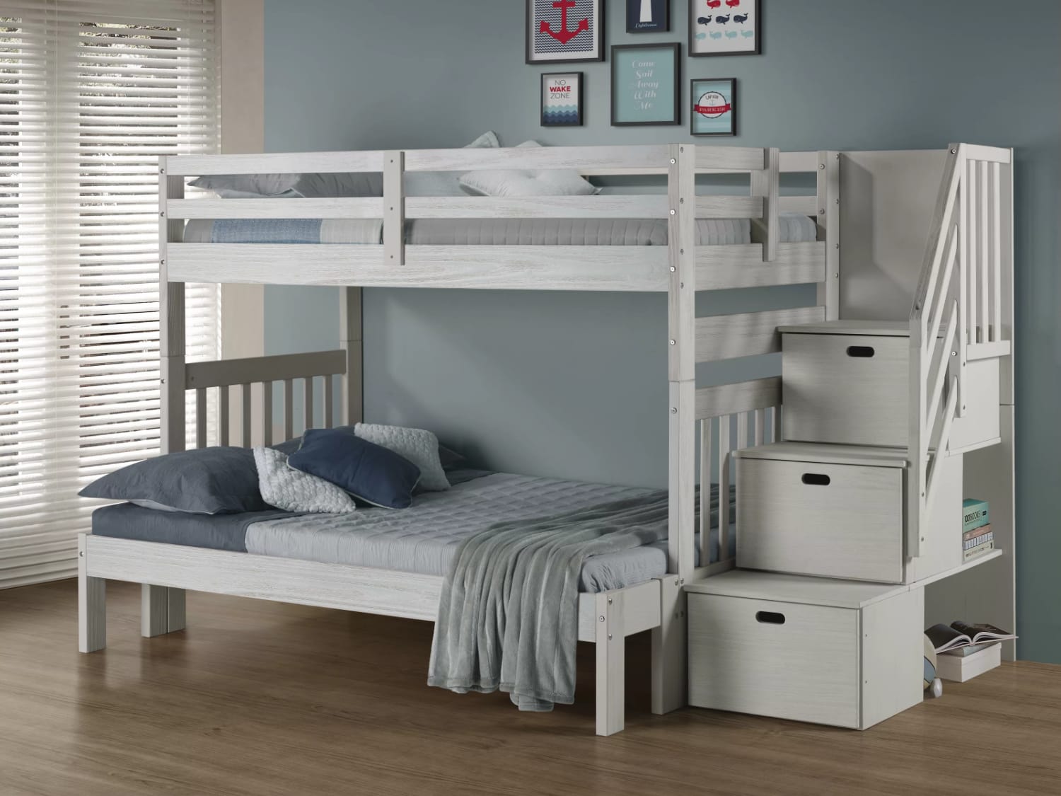 Ahmia Twin Over Full Bunk Bed with staircase in white mist finish.