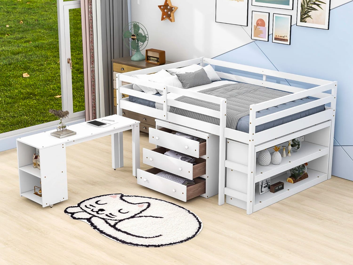 Gladyce Full Size Low Loft Bed with storage and desk in white finish.