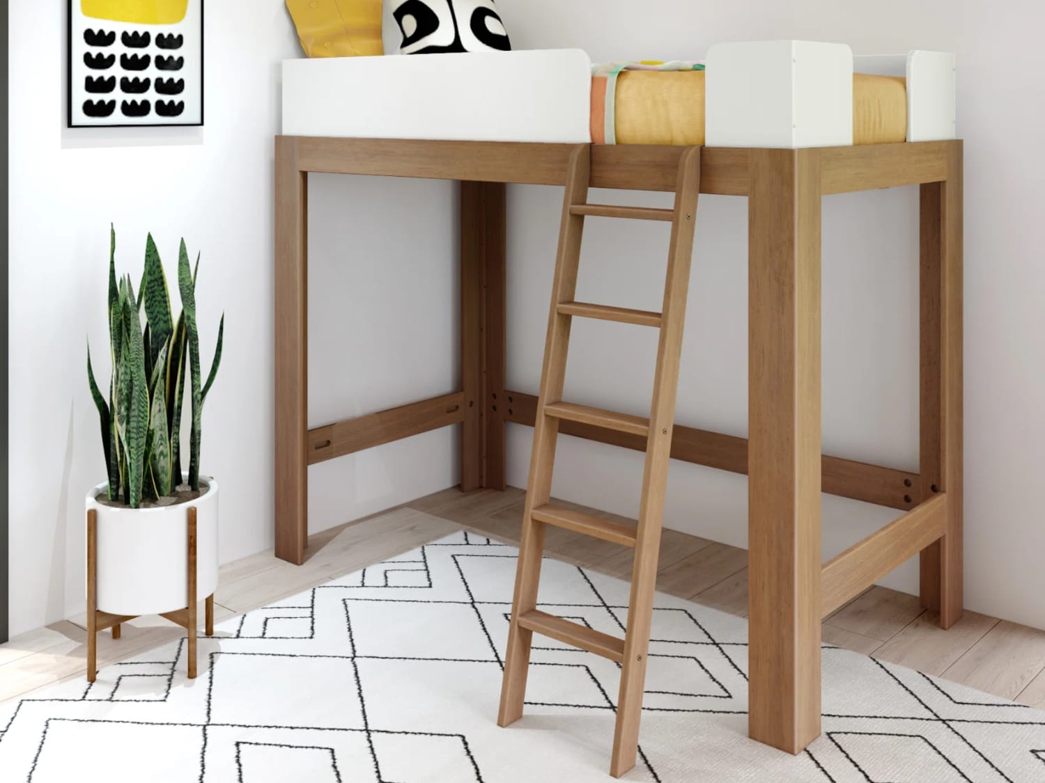 Mid-Century Modern Twin Size Loft Bed in pecan and white finish.
