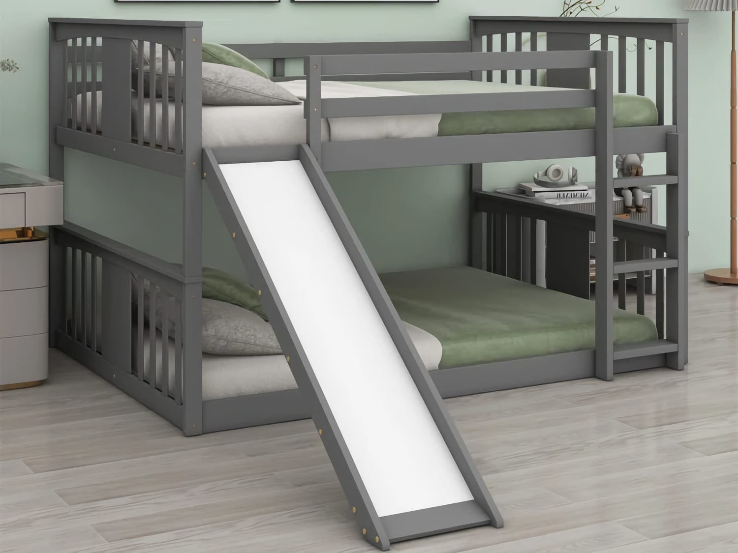 Merax Full Over Full Low Bunk Bed with slide in gray finish.